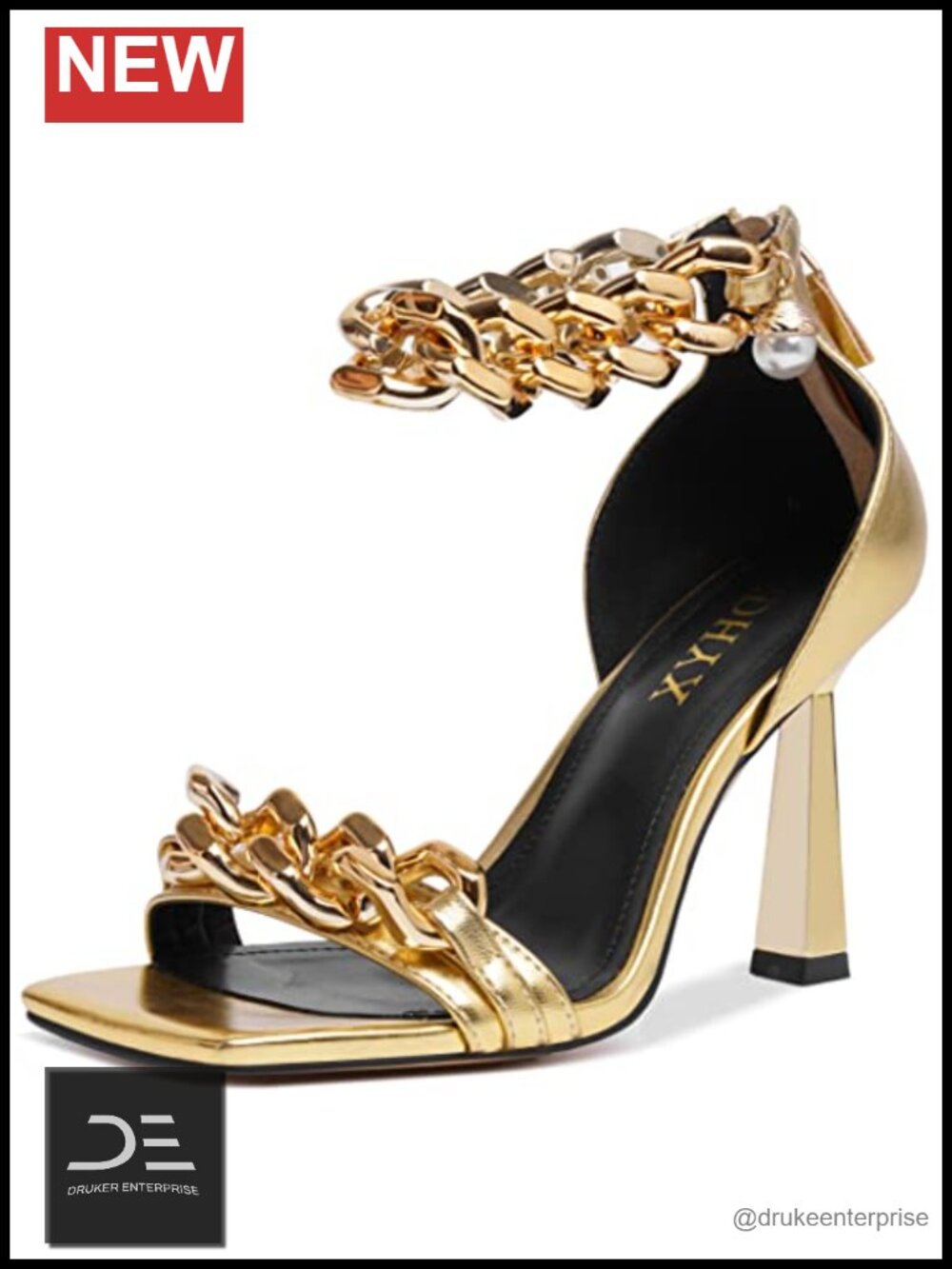 Women's Stiletto Heel Sandals Square Open Toe Chain Pearl Accents Ankle Strap